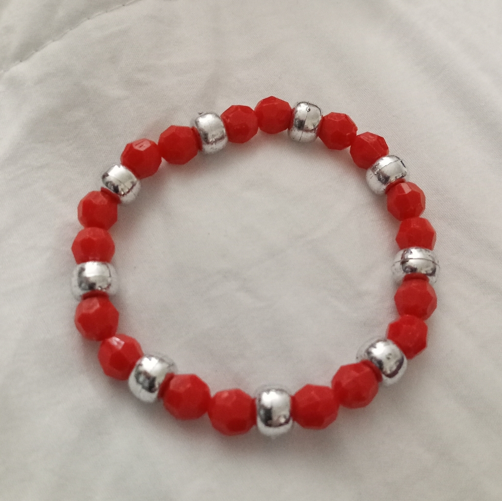 hand crafted Red and silver metallic beaded statement bracelet